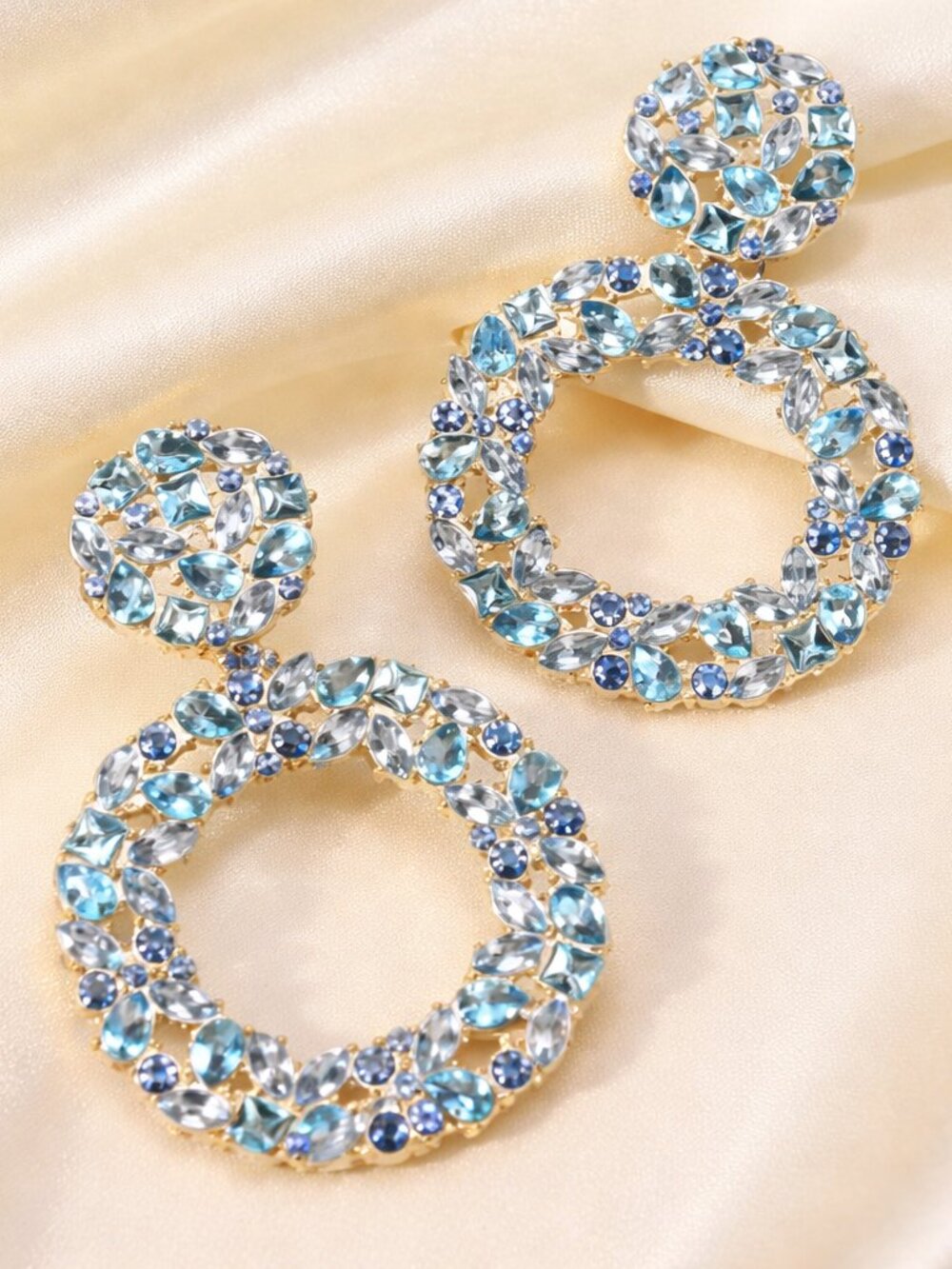 Blue Rhinestone Hoop Drop Earrings Statement Crystal Gold Tone Dangle Glam - Picture 2 of 5